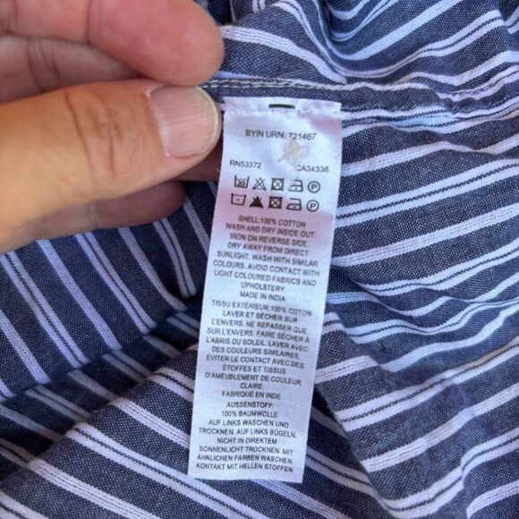 French Connection Blue Striped Button-Front Shirt Large Cotton High-Low Hem - Picture 8 of 8